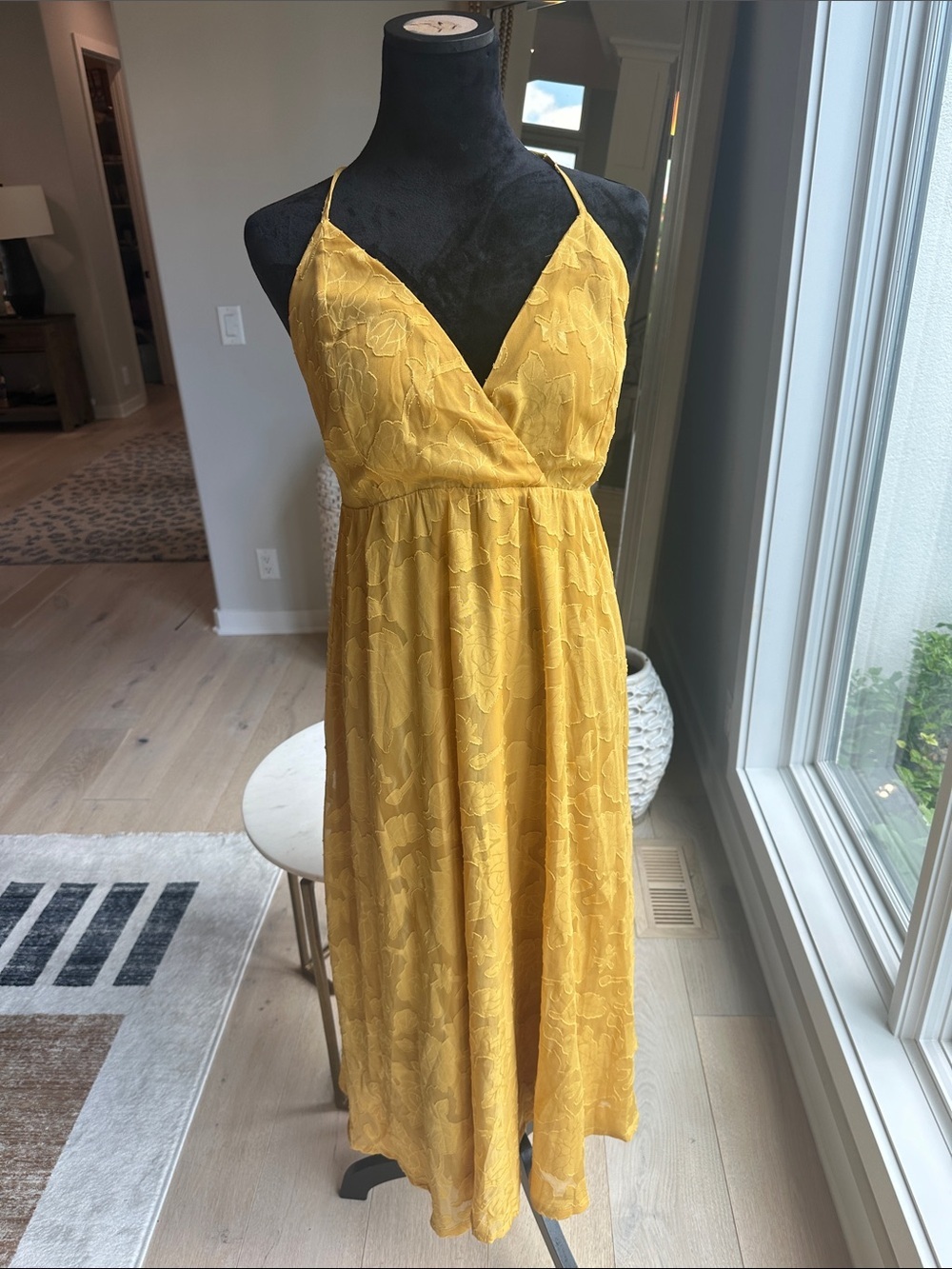 Lulu's Mustard Yellow Lace Maxi Dress with Spaghetti Straps
